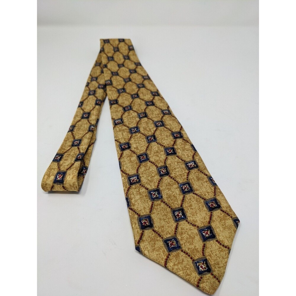 Robert Talbott Studio Silk Handsewn Geometric Neck Tie Imported Yellow Tan Blue